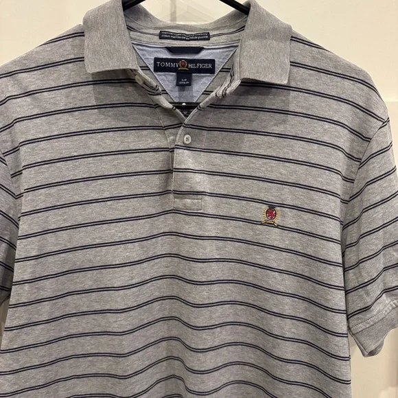 Vintage Tommy Hilfiger Gray and Navy Striped Polo Shirt - Picture 3 of 9